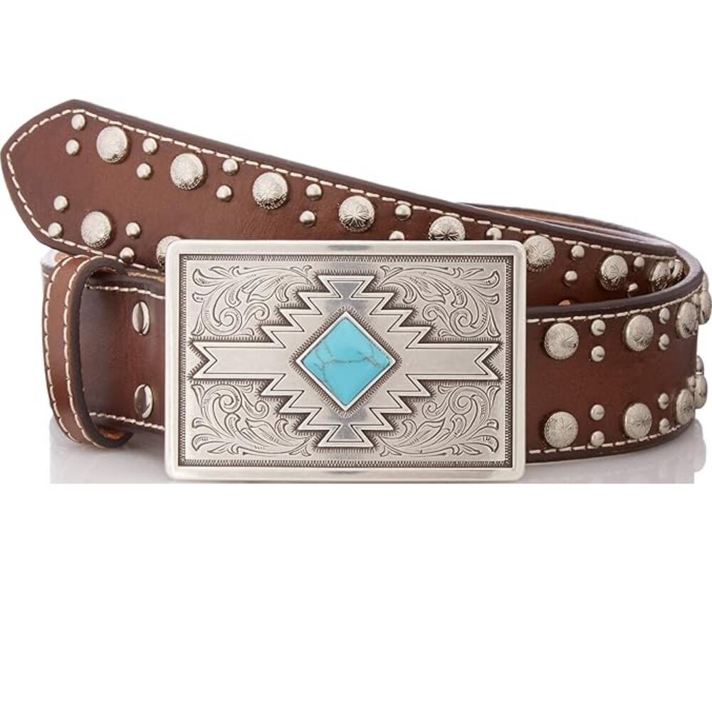 Nocona Belt Co. Women's Brown Stud Edge Aztec Tirquoise Buckle Belt Size S
